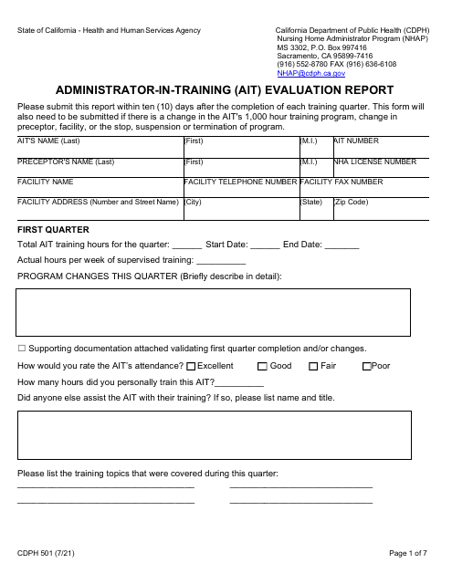 Form CDPH501 Administrator in Training (Ait) Evaluation Report - California