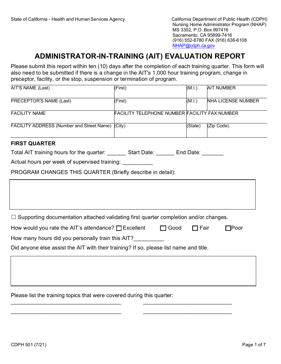 Form CDPH501 Administrator in Training (Ait) Evaluation Report - California, Page 1