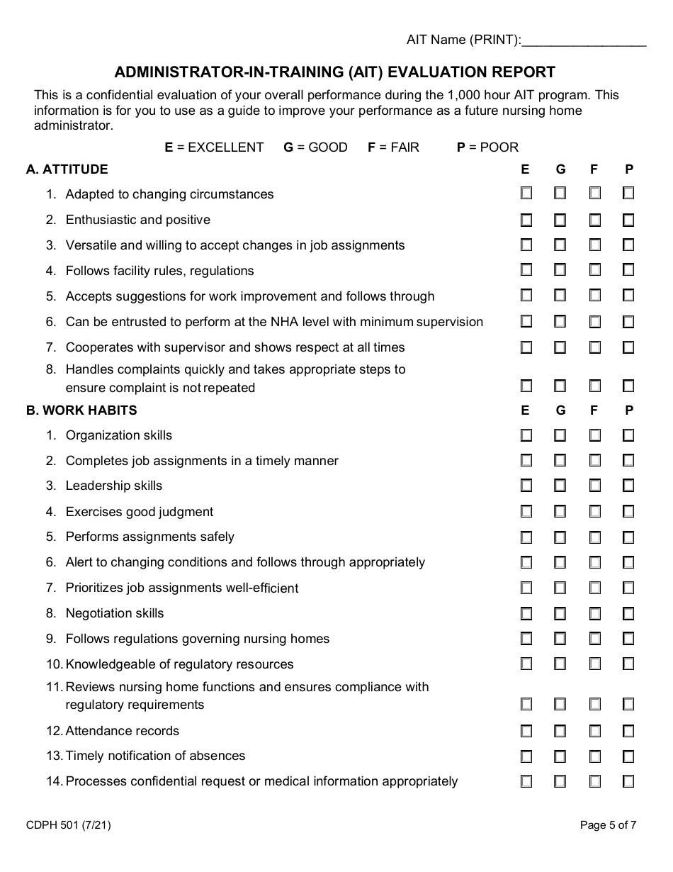 Form CDPH501 Administrator in Training (Ait) Evaluation Report - California, Page 5