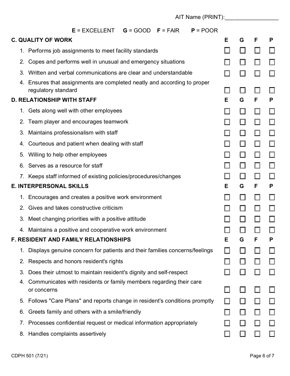 Form CDPH501 Administrator in Training (Ait) Evaluation Report - California, Page 6