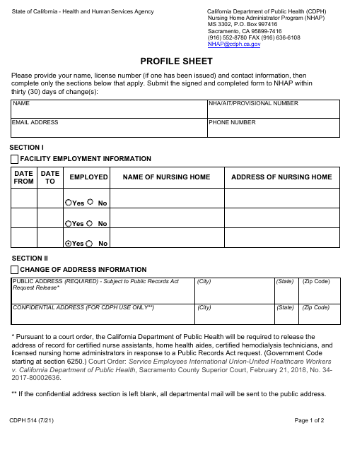 Form CDPH514 Profile Sheet - California