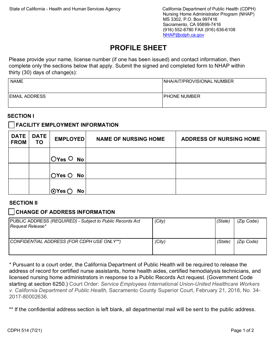 Form CDPH514 Profile Sheet - California, Page 1