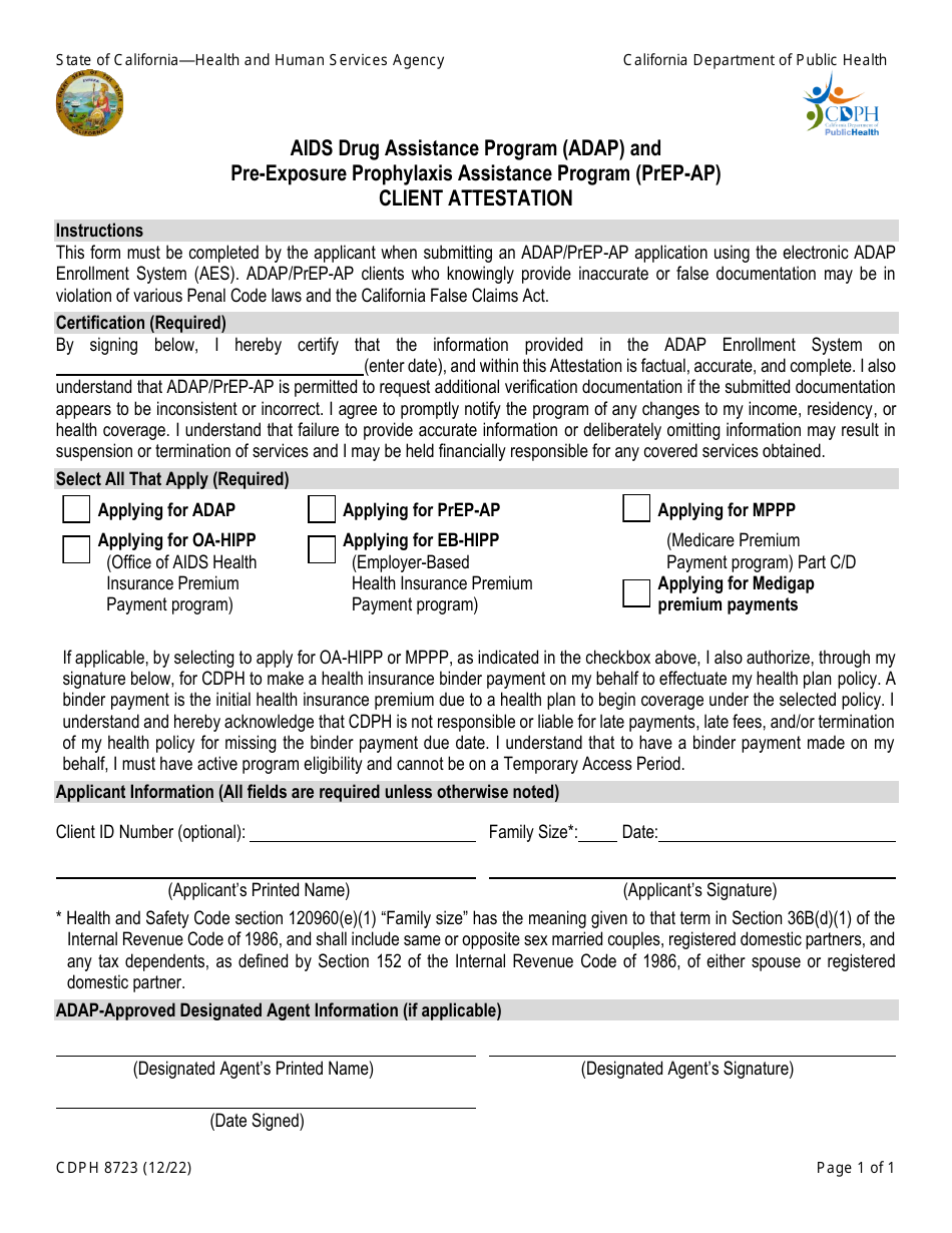 Form CDPH8723 Client Attestation - AIDS Drug Assistance Program (Adap) and Pre-exposure Prophylaxis Assistance Program (Prep-Ap) - California, Page 1