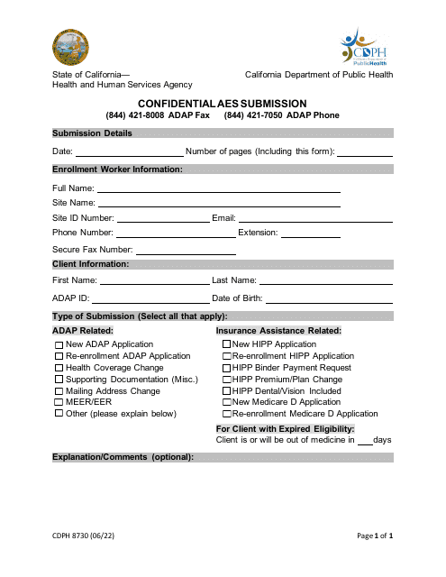 Form CDPH8730 Confidential Aes Submission - California