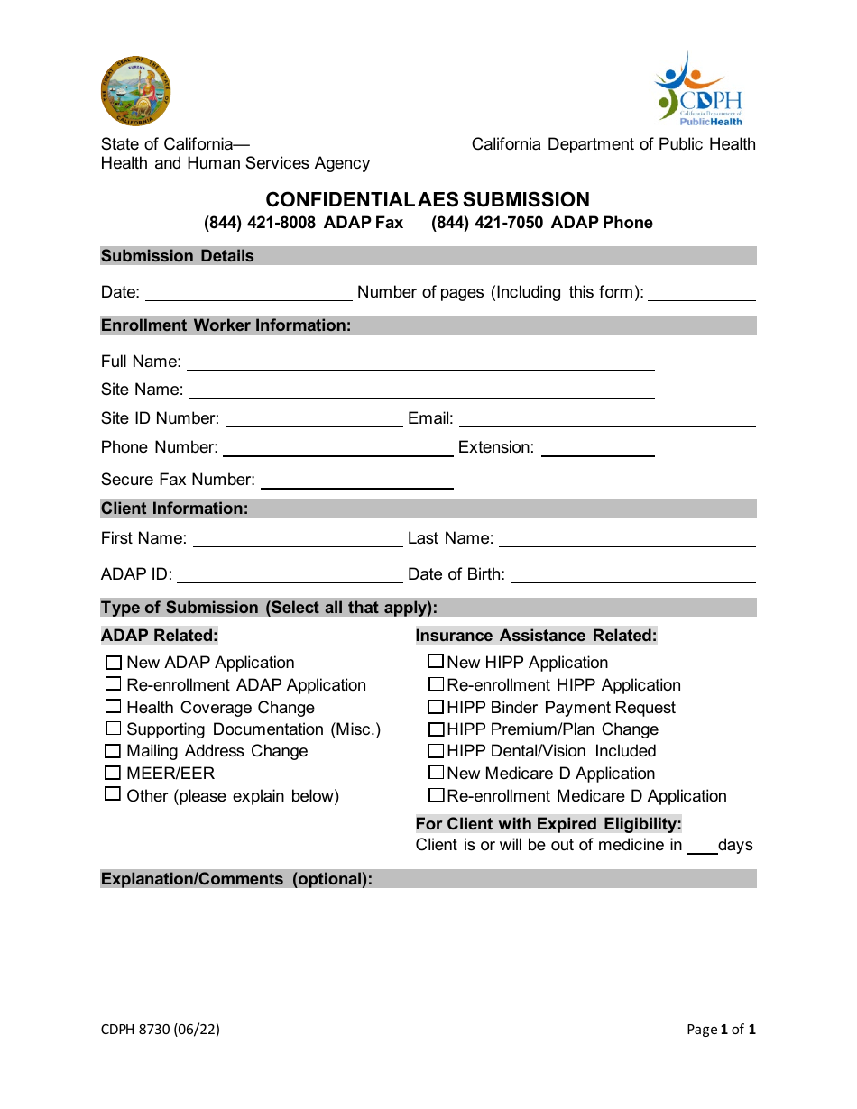 Form CDPH8730 Download Fillable PDF or Fill Online Confidential Aes