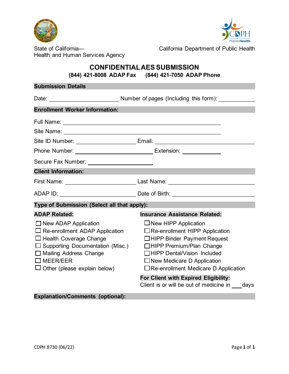 Form CDPH8730 Confidential Aes Submission - California, Page 1