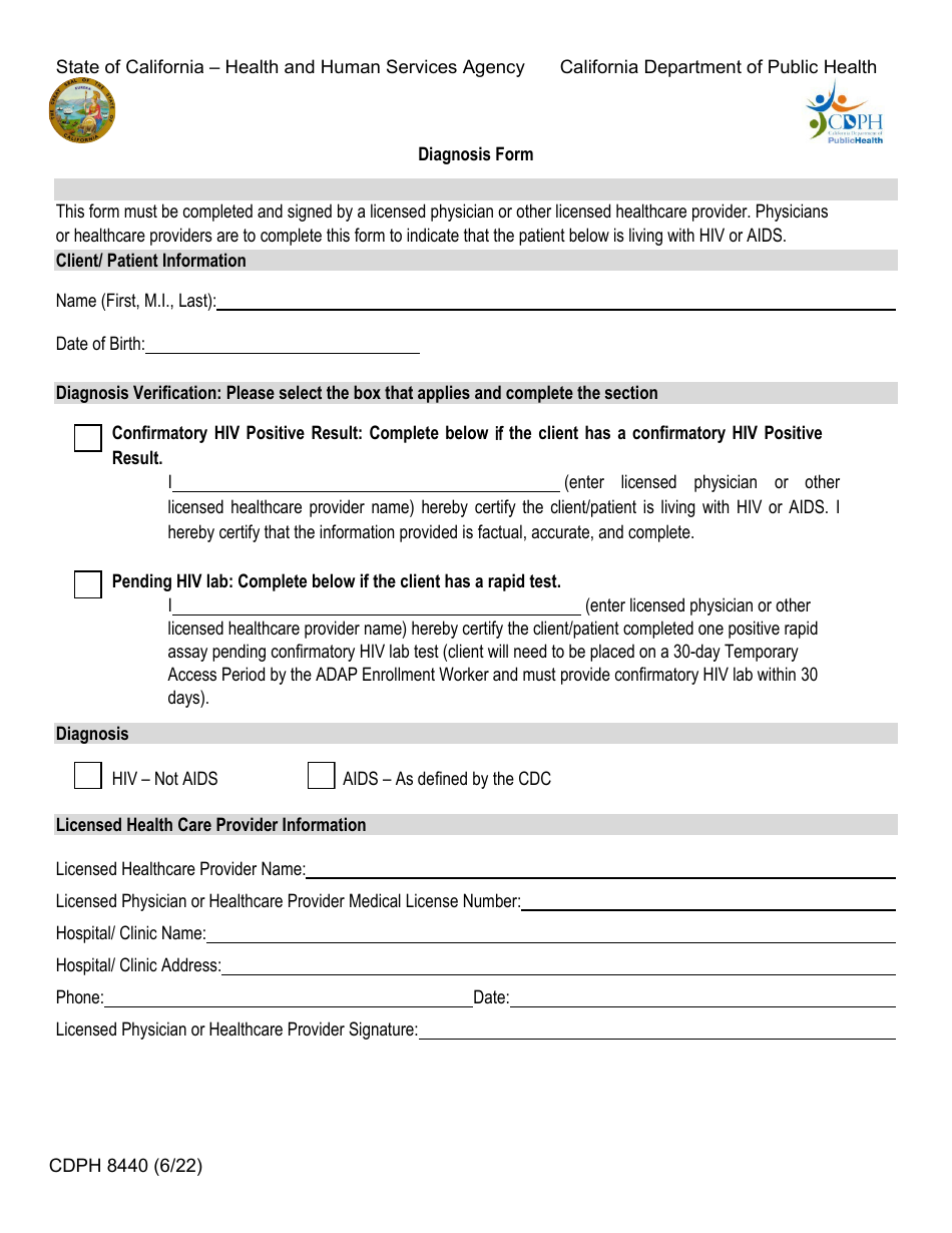 Form CDPH8440 Diagnosis Form - California, Page 1