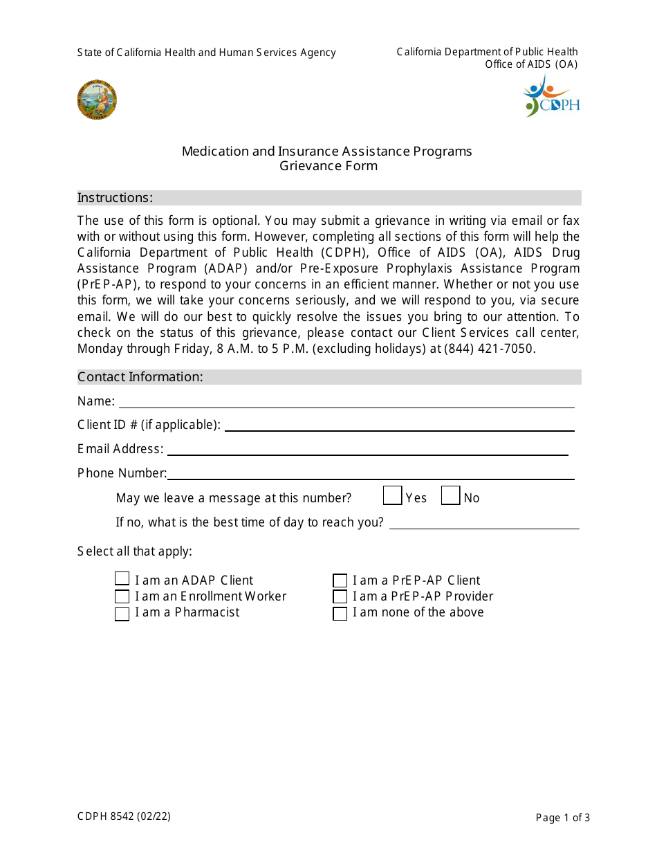 Form CDPH8542 Grievance Form - Medication and Insurance Assistance Programs - California, Page 1