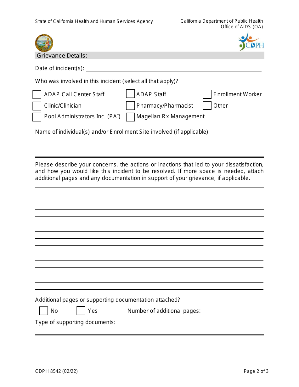 Form CDPH8542 Download Fillable PDF or Fill Online Grievance Form ...