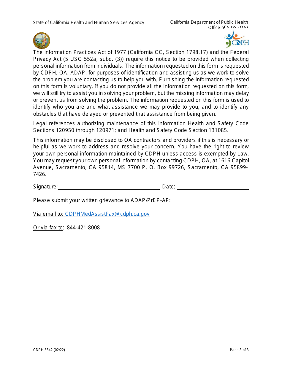 Form CDPH8542 Grievance Form - Medication and Insurance Assistance Programs - California, Page 3