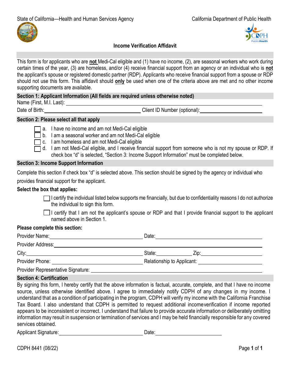 Form CDPH8441 Income Verification Affidavit - California, Page 1