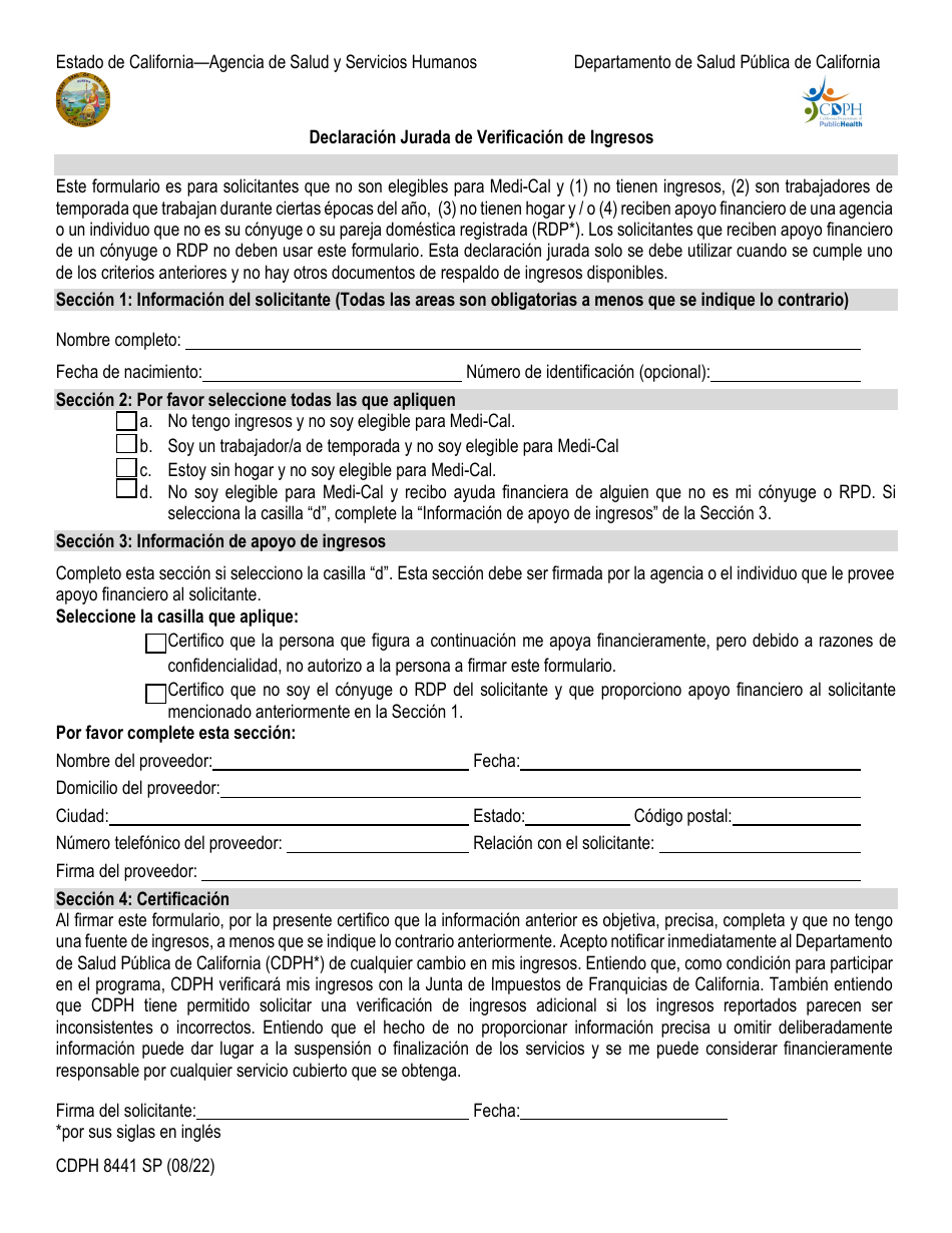 Formulario CDPH8441 SP Declaracion Jurada De Verificacion De Ingresos - California (Spanish), Page 1