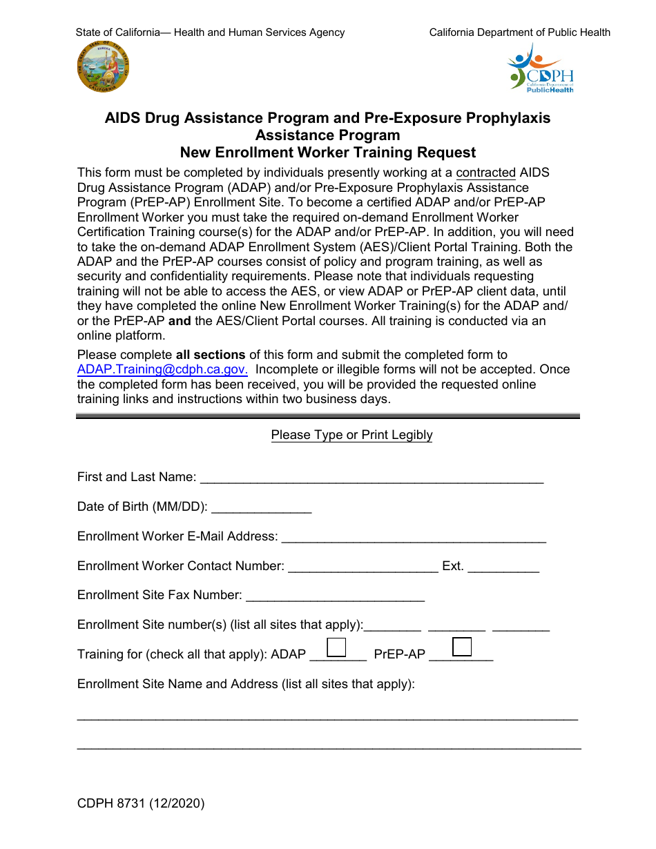 Form CDPH8731 New Enrollment Worker Training Request - AIDS Drug Assistance Program and Pre-exposure Prophylaxis Assistance Program - California, Page 1