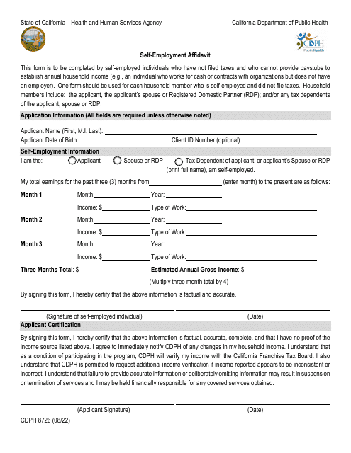 Form CDPH8726 Self-employment Affidavit - California
