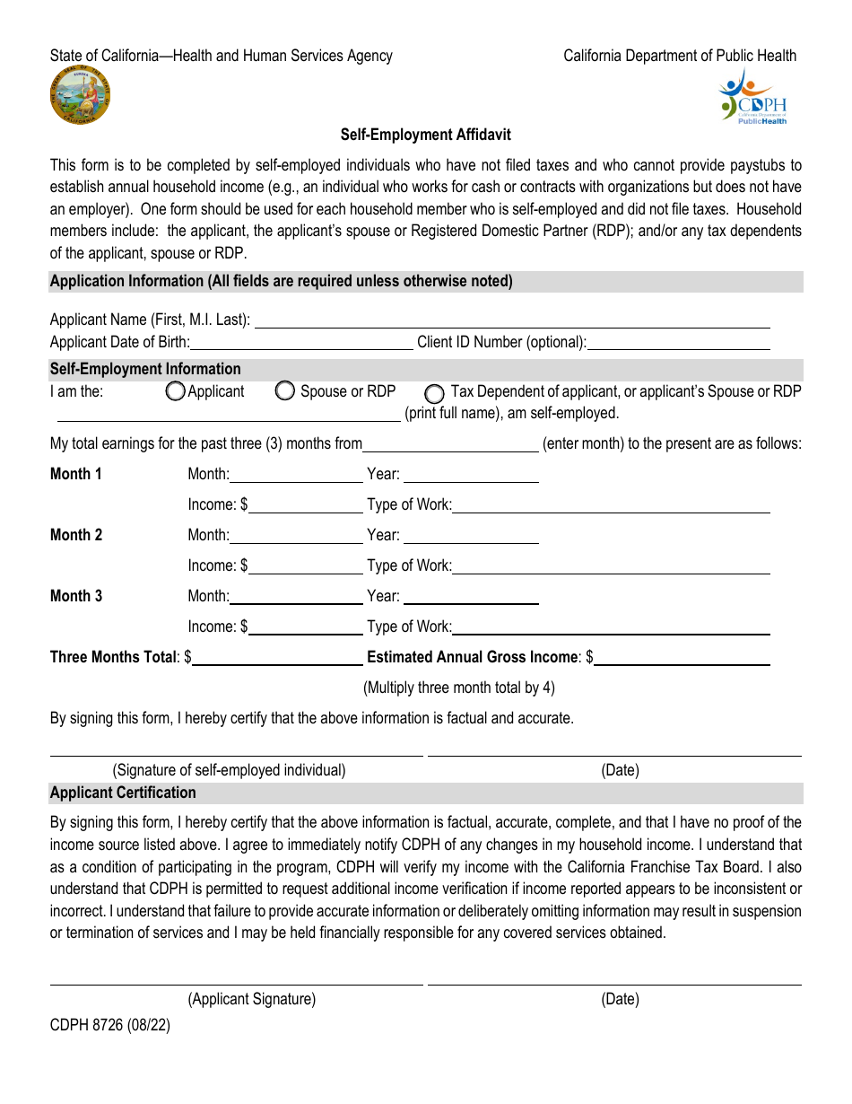 Form CDPH8726 Self-employment Affidavit - California, Page 1