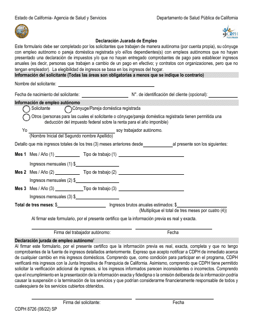 Formulario CDPH8726 SP Declaracion Juarada De Empleo - California (Spanish)