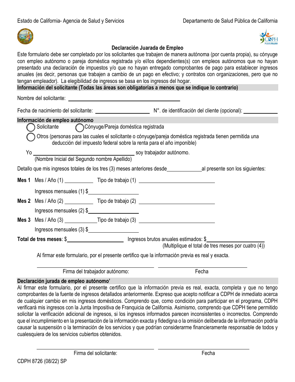 Formulario CDPH8726 SP Declaracion Juarada De Empleo - California (Spanish), Page 1