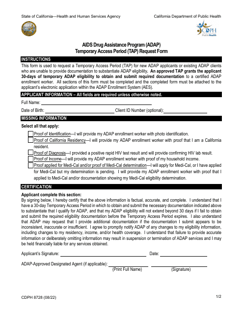 Form CDPH8728 Temporary Access Period (Tap) Request Form - AIDS Drugassistance Program (Adap) - California