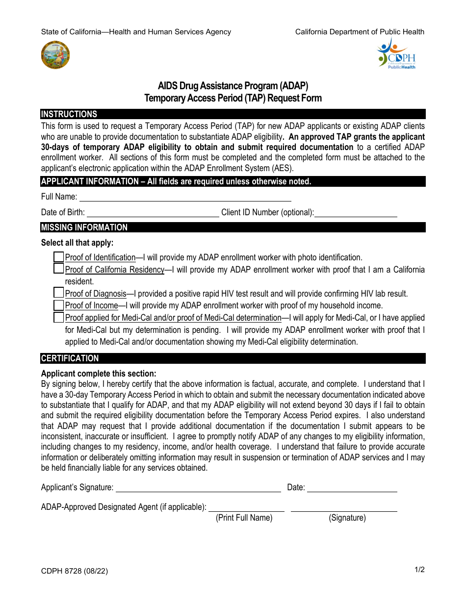 Form CDPH8728 Temporary Access Period (Tap) Request Form - AIDS Drugassistance Program (Adap) - California, Page 1