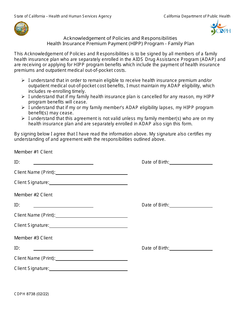 Form CDPH8738 Acknowledgement of Policies and Responsibilities Health Insurance Premium Payment (HIPP) Program Family Plan - California, Page 1