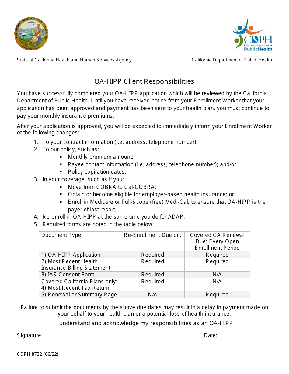 Form CDPH8732 OA-HIPP Client Responsibilities - California, Page 1