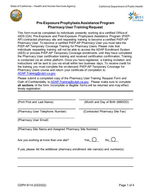 Form CDPH9114 Pharmacy User Training Request - Pre-exposure Prophylaxis Assistance Program - California