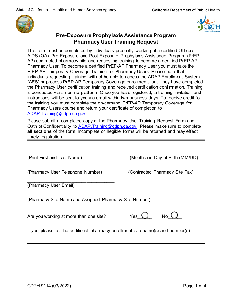Form CDPH9114 Pharmacy User Training Request - Pre-exposure Prophylaxis Assistance Program - California, Page 1