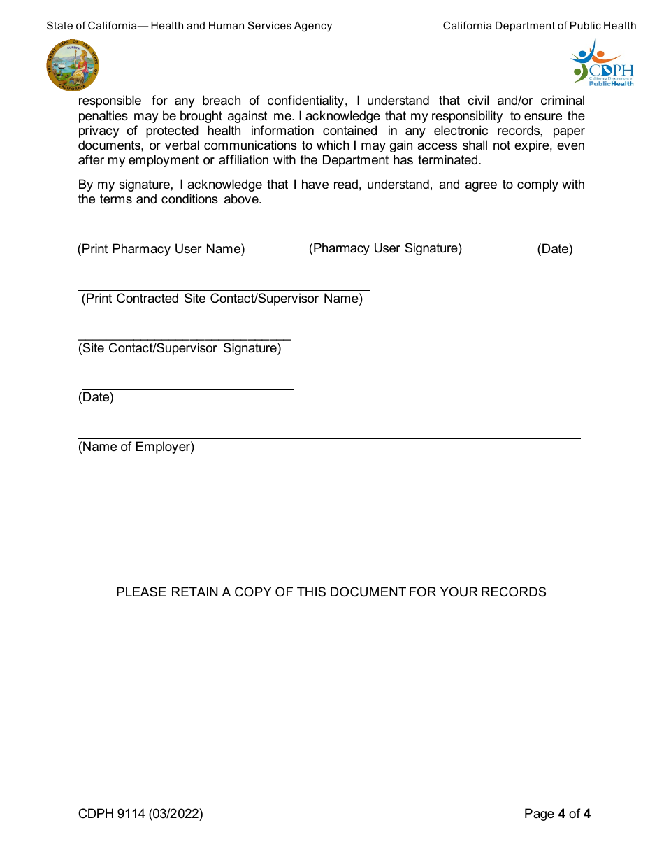 Form CDPH9114 Pharmacy User Training Request - Pre-exposure Prophylaxis Assistance Program - California, Page 4