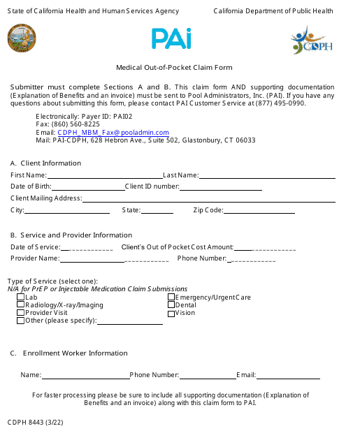 Form CDPH8443 Medical out-Of-Pocket Claim Form - California