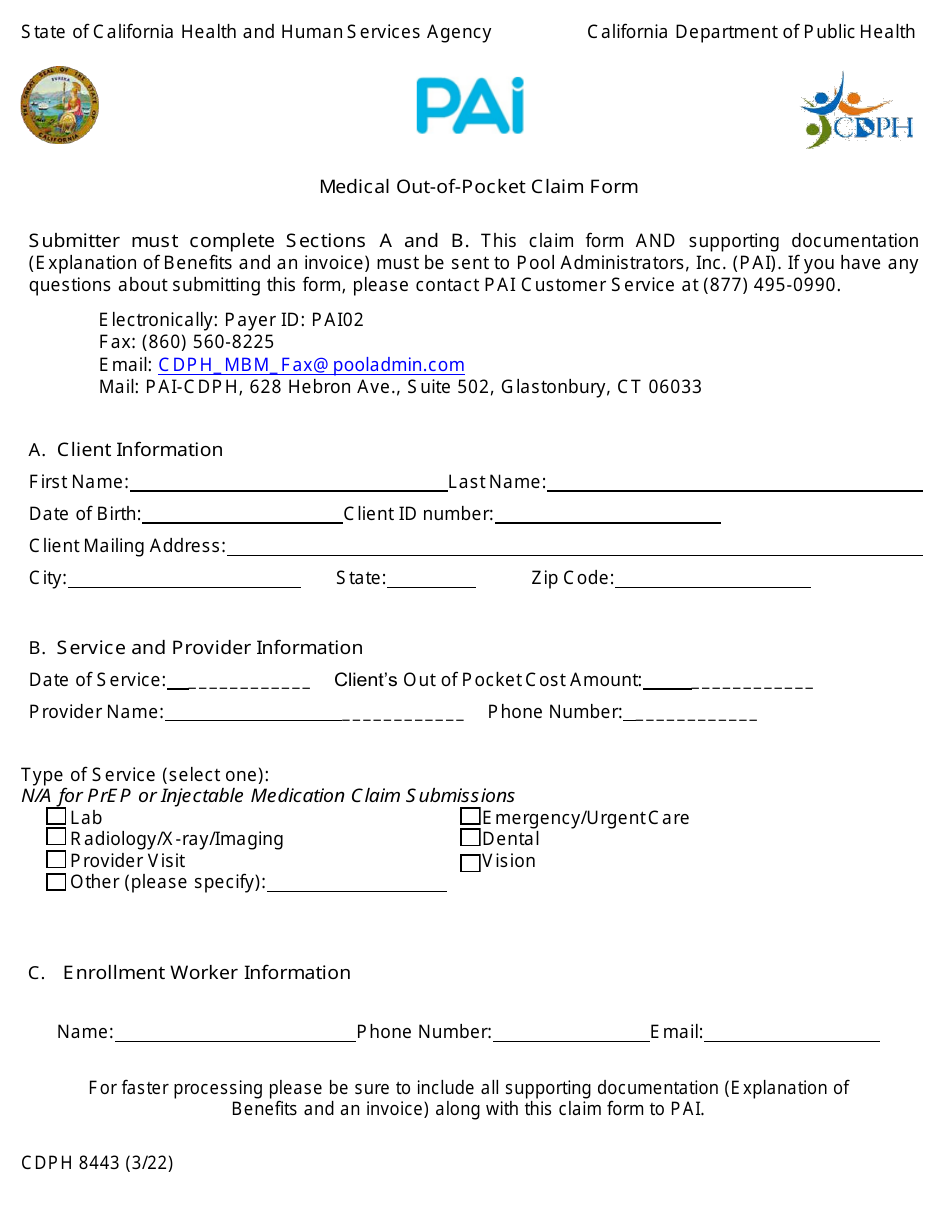 Form CDPH8443 Medical out-Of-Pocket Claim Form - California, Page 1