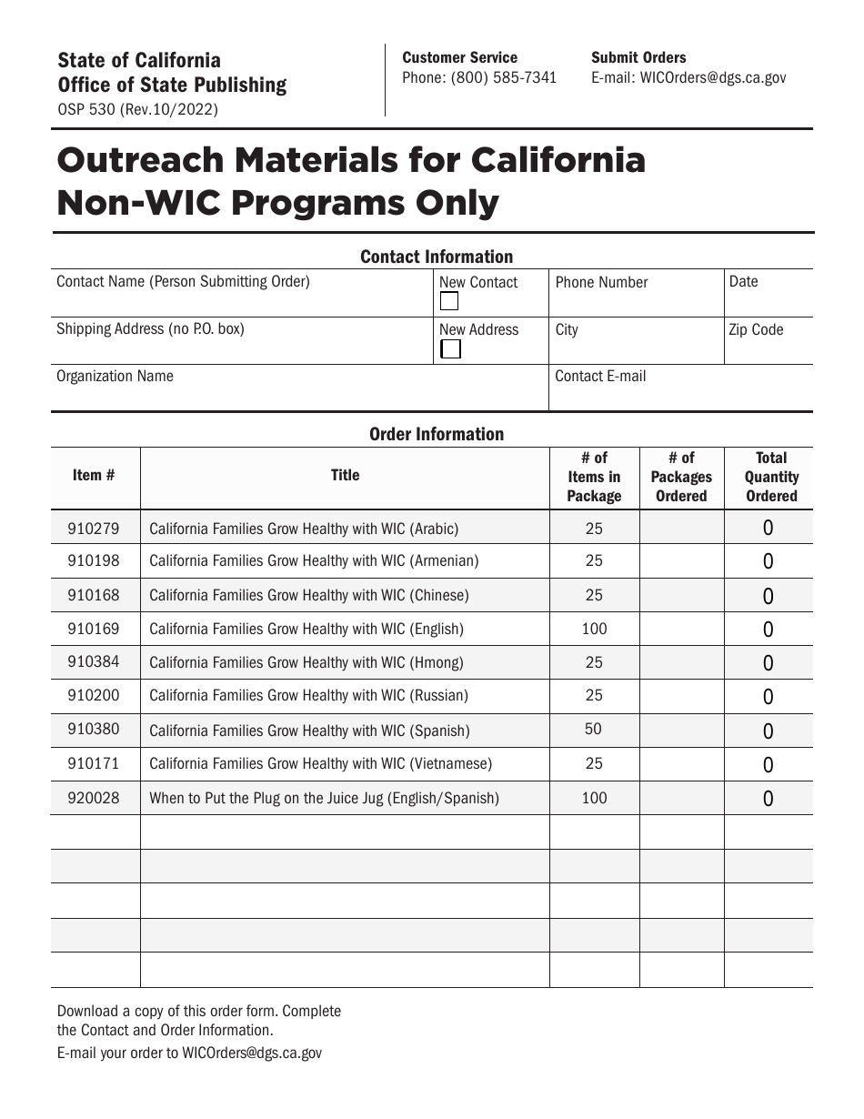 Form OSP530 Outreach Materials for California Non-wic Programs Only - California, Page 1