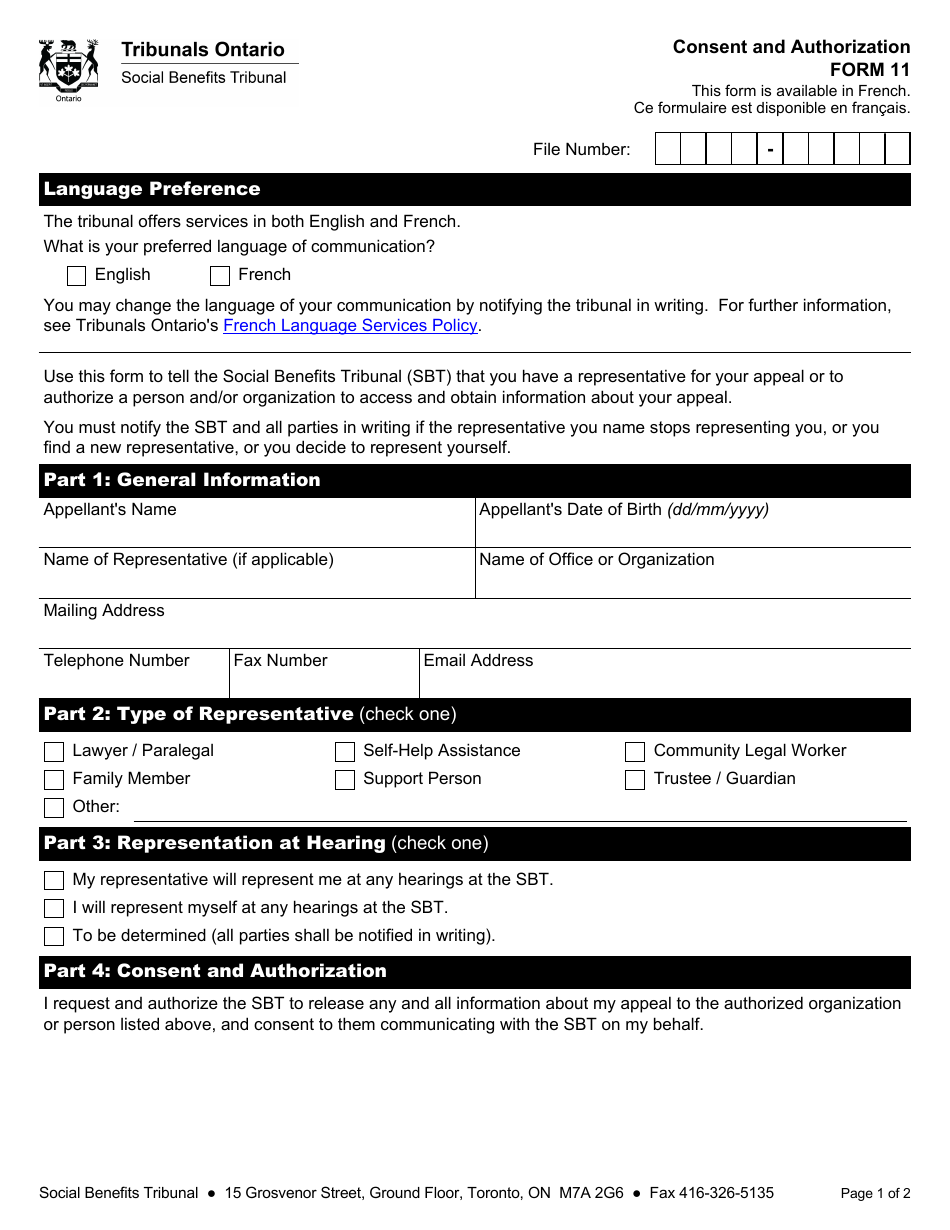 Form 11 Consent and Authorization - Ontario, Canada, Page 1