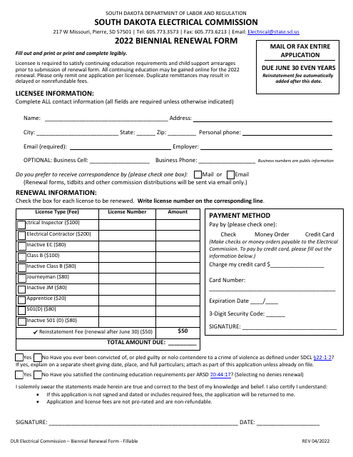 Biennial Renewal Form - South Dakota, 2022