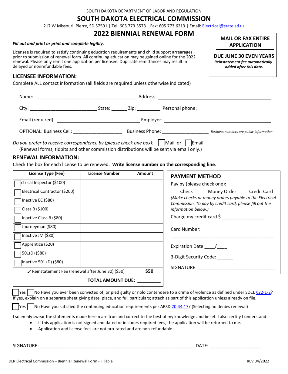 Biennial Renewal Form - South Dakota, Page 1