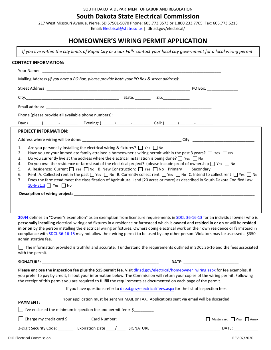 Homeowners Wiring Permit Application - South Dakota, Page 1