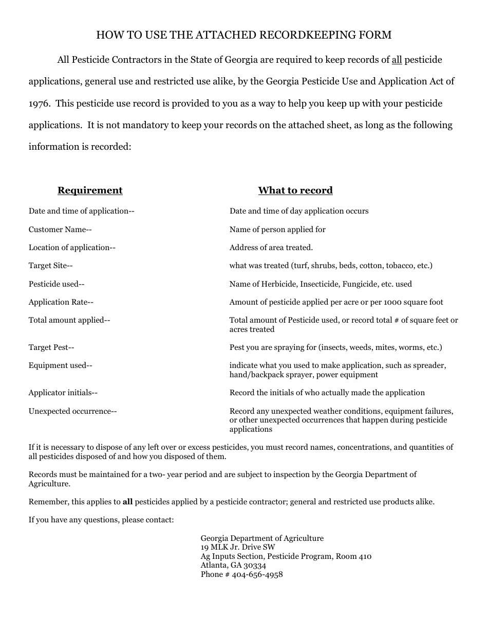 Pesticide Use Recording Form - Georgia (United States), Page 1