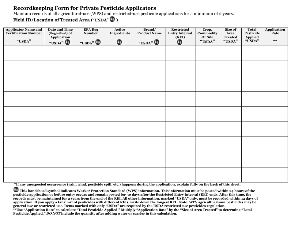 Recordkeeping Form for Private Pesticide Applicators - Georgia (United States), Page 1