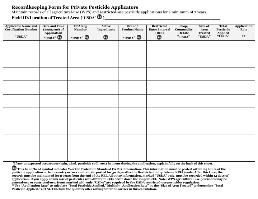 Recordkeeping Form for Private Pesticide Applicators - Georgia (United States) Download Pdf
