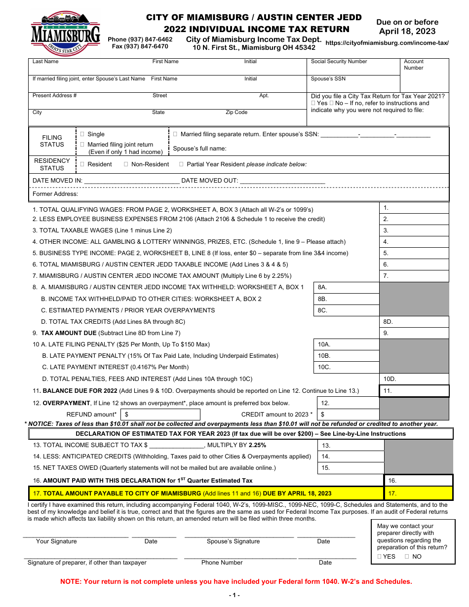 Individual Income Tax Return - City of Miamisburg, Ohio, Page 1