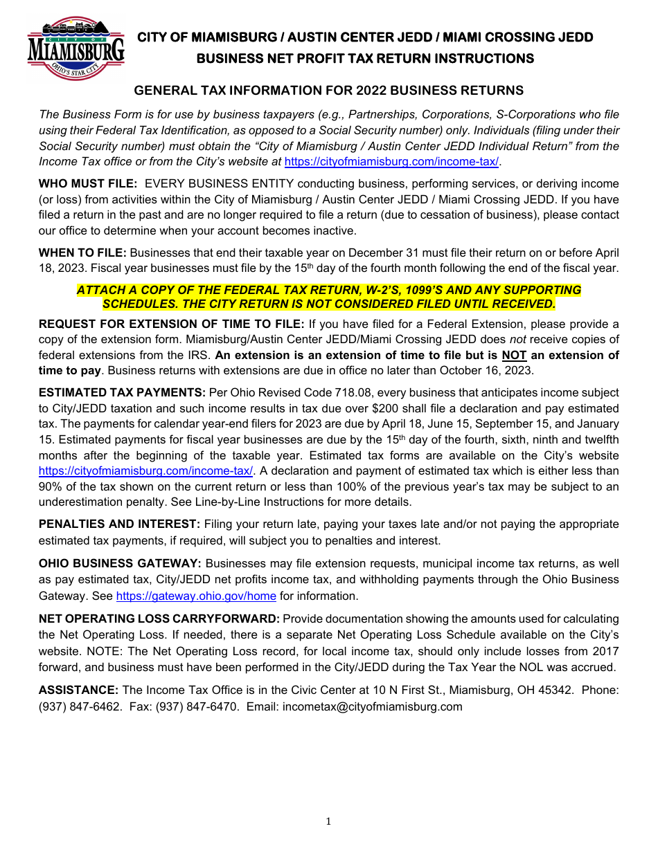 Business Net Profit Tax Return - City of Miamisburg, Ohio, Page 3