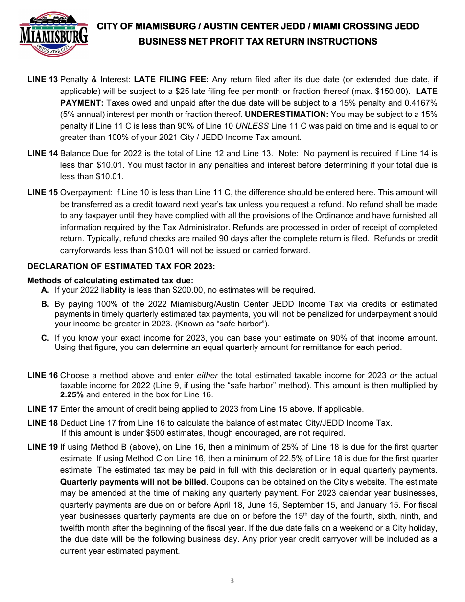 Business Net Profit Tax Return - City of Miamisburg, Ohio, Page 5