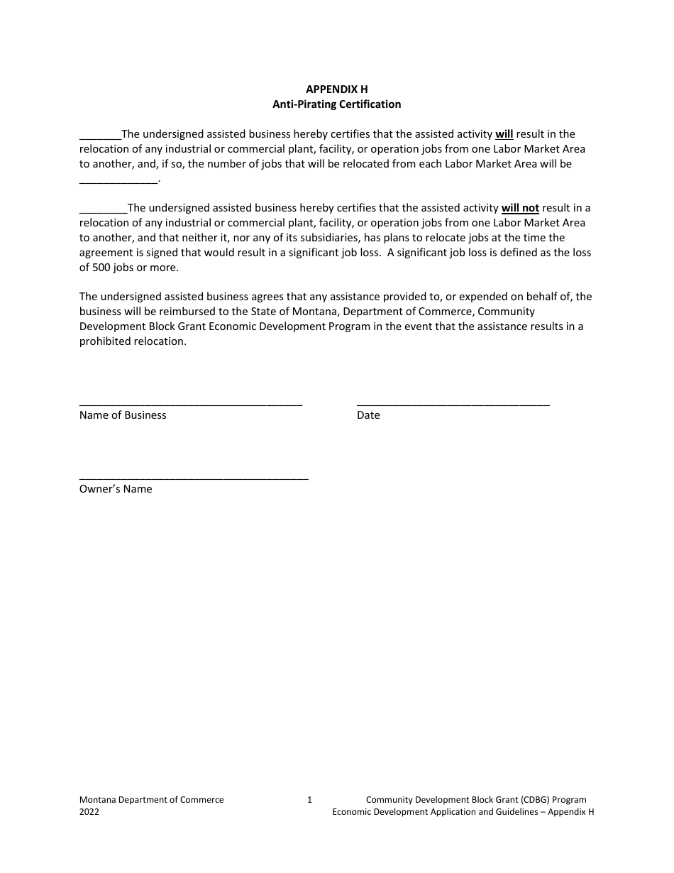 Appendix H Anti-pirating Certification - Community Development Block Grant (Cdbg) Program - Montana, Page 1