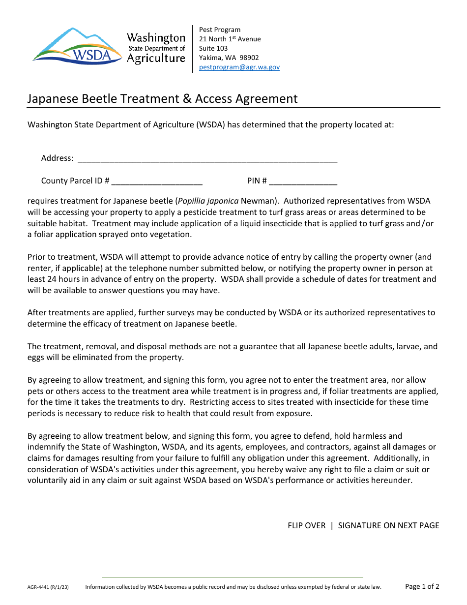 Form AGR-4441 Japanese Beetle Treatment  Access Agreement - Washington, Page 1