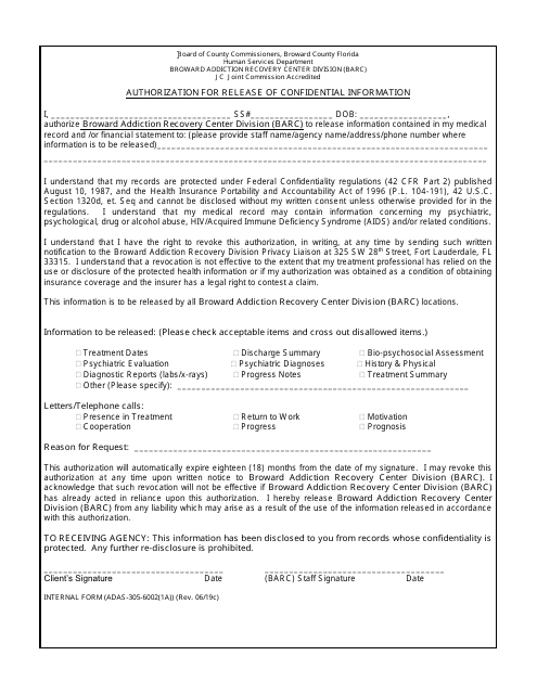 Form ADAS-305-6002(1A) Authorization for Release of Confidential Information - Broward County, Florida