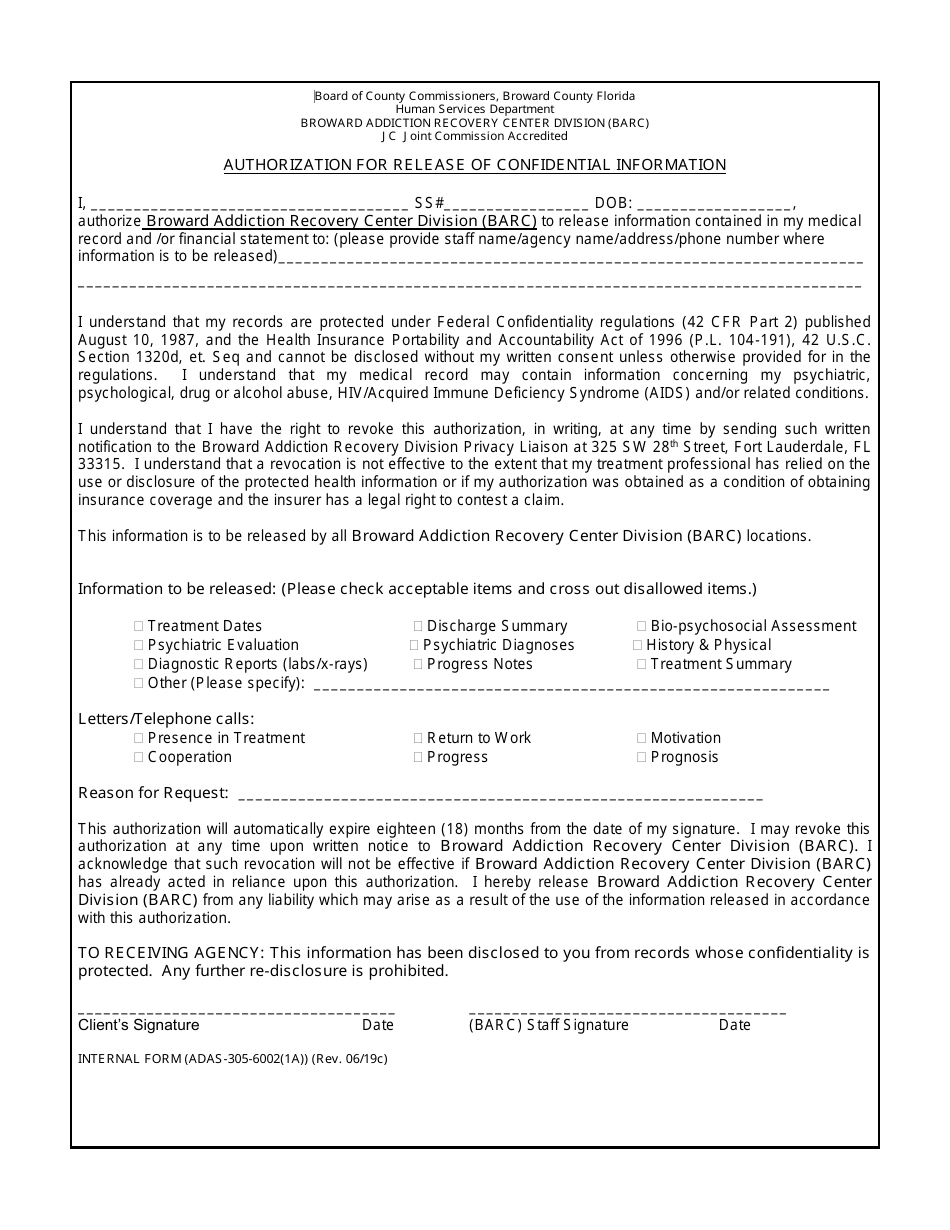 Form ADAS-305-6002(1A) Authorization for Release of Confidential Information - Broward County, Florida, Page 1