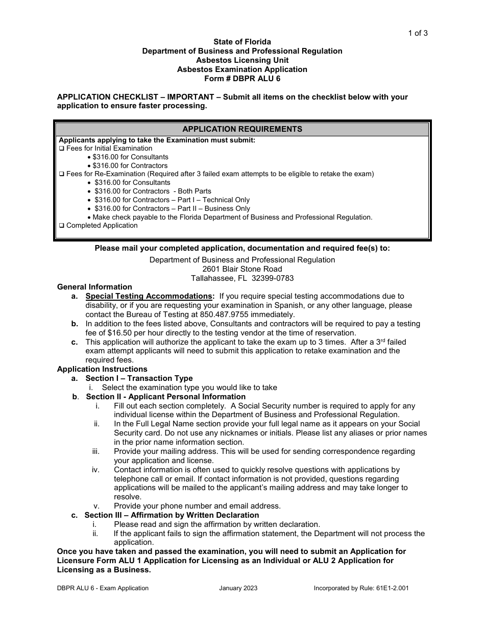 Form DBPR ALU6 Asbestos Examination Application - Florida, Page 1