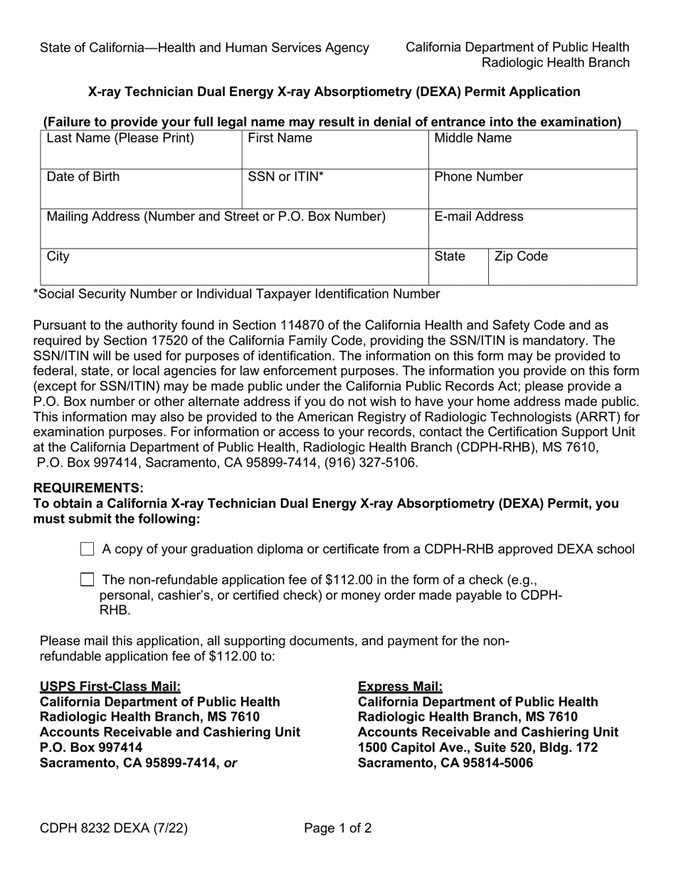 Form CDPH8232 DEXA X-Ray Technician Dual Energy X-Ray Absorptiometry (Dexa) Permit Application - California, Page 1
