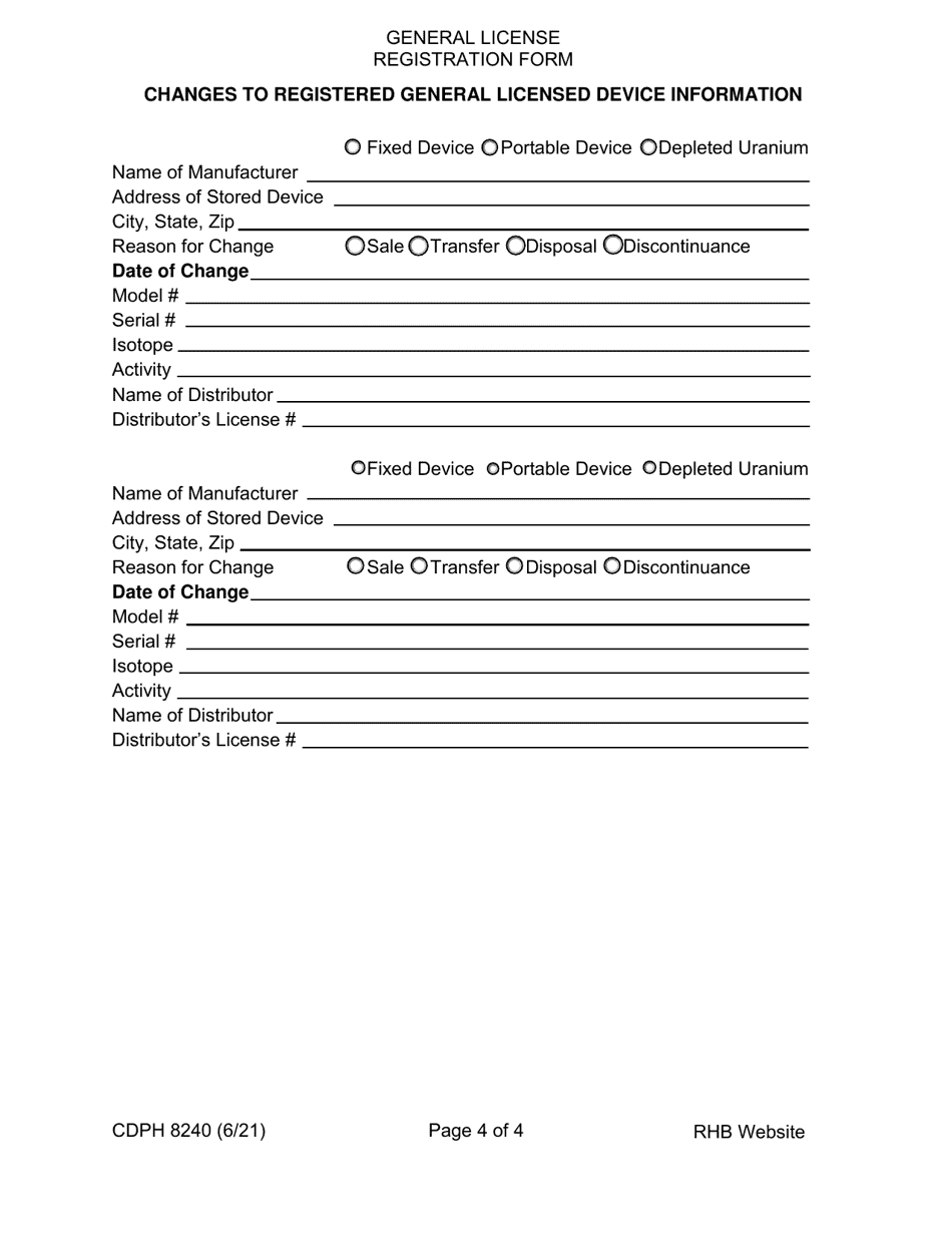 Form CDPH8240 General License Registration Form - California, Page 4