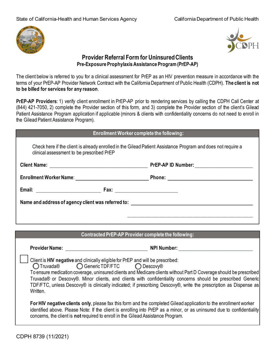 Form CDPH8739 Provider Referral Form for Uninsured Clients - Pre-exposure Prophylaxis Assistance Program (Prep-Ap) - California, Page 1