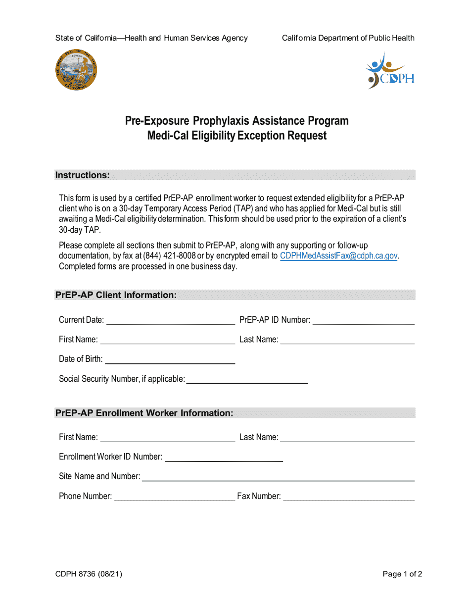 Form CDPH8736 Medi-Cal Eligibility Exception Request - Pre-exposure Prophylaxis Assistance Program - California, Page 1